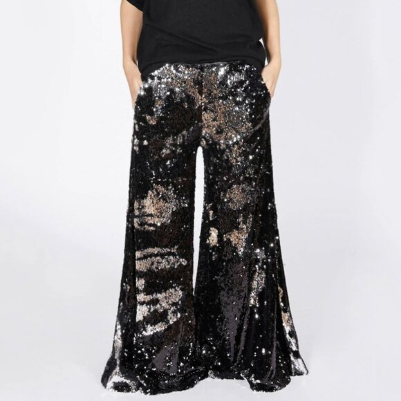 Ilona Rich Black Sequin Wide Leg Trousers - Picture 1 of 11